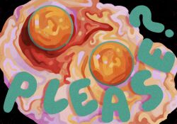  black_background blood blood_on_food circle colorful commentary egg egg_(food) egg_yolk english_commentary english_text film_grain food food_focus fried_egg highres no_humans quezify simple_background strange_darling text_focus 