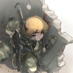  1girl bandaid bandaid_on_cheek bandaid_on_face bangs blonde_hair boots bow bulletproof_vest camouflage camouflage_pants camouflage_shirt combat_boots commentary_request dog_tags frogsnake gun hair_bow headband holding holding_gun holding_weapon military military_uniform pants peeking red_eyes red_headband rifle rifle_on_back rumia shell_casing shirt short_hair soldier solo squatting submachine_gun taking_cover touhou uniform watch watch wavy_hair weapon 