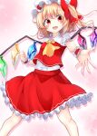  1girl :d absurdres ascot blonde_hair blush bow crystal eyes_visible_through_hair fang feet_out_of_frame flandre_scarlet frilled_shirt_collar frills hat hat_ribbon highres legs_apart looking_at_viewer mob_cap open_mouth petticoat pink_background puffy_short_sleeves puffy_sleeves red_bow red_eyes red_ribbon red_skirt red_vest ribbon shimohuri_(novazz221) shirt short_sleeves skin_fang skirt skirt_set smile solo sparkle touhou vest white_shirt wings wrist_cuffs 