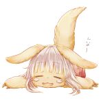  1other :3 bob_cut brown_fur catchphrase closed_eyes closed_mouth commentary_request facing_viewer floppy_ears full_body furry grey_hair happy highres inverted_bob lying made_in_abyss medium_hair multiple_sources nanachi_(made_in_abyss) nina_(maurururoa) on_stomach open_mouth other_focus outstretched_arms pants red_pants simple_background smile solo spread_arms tail tail_raised whiskers white_background 