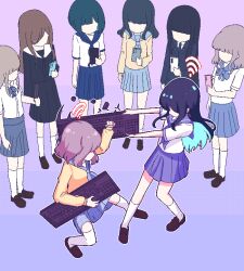  6+girls aqua_hair arm_at_side black_hair black_jacket black_serafuku black_shirt black_skirt black_suit blazer blocking blue_hair blue_neckerchief blue_sailor_collar blue_skirt blunt_bangs bob_cut breaking broken brown_footwear brown_hair cardigan cellphone chibikki colored_inner_hair commentary computer_keyboard dithered_background dithering dress_shirt duel english_commentary faceless faceless_female fighting fighting_stance formal gradient_background highres hitting holding holding_computer_keyboard holding_phone jacket kneehighs light_brown_hair loafers long_hair long_sleeves medium_hair multicolored_hair multiple_girls nanako_(chibikki) neck_ribbon neckerchief original phone pink_background pixel_art plaid_clothes plaid_skirt pleated_skirt purple_background recording ribbon sailor_collar school_uniform serafuku shirt shoes short_hair short_sleeves simple_background skirt smartphone socks squatting standing suit summer_uniform symbolism textless_version thigh-highs two-tone_background two-tone_hair white_sailor_collar white_shirt white_socks white_thighhighs wi-fi_symbol yellow_cardigan 