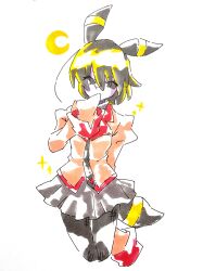  1girl 53_(kuzuire) absurdres animal_ears black_eyes black_hair black_necktie black_pantyhose black_skirt blonde_hair bob_cut breasts commentary cosplay covering_own_mouth crescent_moon empty_eyes full_body highres juliet_sleeves kneeling long_sleeves loose_hair_strand monogatari_(series) moon multicolored_hair naoetsu_high_school_uniform necktie oshino_ougi painting_(medium) pale_skin pantyhose pink_shirt pleated_skirt pokemon puffy_sleeves red_trim school_uniform shirt short_hair skirt sleeves_past_fingers sleeves_past_wrists small_breasts solo sparkle streaked_hair tail thigh_gap traditional_media umbreon umbreon_(cosplay) very_long_sleeves watercolor_(medium) 