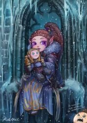  1boy 1girl adeptus_astartes blue_dress blue_gloves braid brown_hair character_doll cloak colored_skin commentary crown_braid doll dress eldar english_commentary english_text facial_mark fur-trimmed_cloak fur_trim gloves hair_tubes high_ponytail highres holding holding_doll ice leman_russ long_dress pink_skin pointy_ears purple_lips relithel signature sitting smile snow throne violet_eyes warhammer_40k 