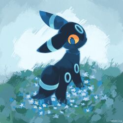  alternate_color artist_name black_eyes blue_flower colored_sclera flower grass highres looking_down merino_(merino_9999) no_humans pokemon pokemon_(creature) shiny_pokemon solo umbreon yellow_sclera 