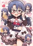  1girl adjusting_eyewear alternate_costume apron bangs black_hair box chibi enmaided food gift gift_box glasses heart-shaped_box hiiringu holding holding_gift idolmaster idolmaster_million_live! idolmaster_million_live!_theater_days long_hair looking_at_viewer maid maid_apron maid_headdress red_eyes solo taiyaki takayama_sayoko wagashi 