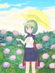  1girl antennae bangs black_cape black_shorts blue_sky blush bush cape closed_mouth clouds commentary_request cowboy_shot day eyebrows_visible_through_hair flower green_eyes green_hair hair_between_eyes holding holding_umbrella kari_(atsuki_565) looking_at_viewer outdoors pink_flower red_cape shirt short_hair shorts sky sleeveless sleeveless_shirt smile solo touhou two-sided_cape two-sided_fabric umbrella white_shirt wriggle_nightbug yellow_umbrella 