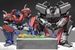  2boys ark_(transformers) autobot blue_eyes decepticon english_commentary mecha megatron multiple_boys nemesis_(transformers) no_humans open_hand optimus_prime own_hands_together red_eyes science_fiction sitting theamazingspino transformers 