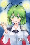  1girl 2zuz4hru antennae bangs black_cape breasts cape closed_mouth collared_shirt commentary_request eyebrows_visible_through_hair fireflies green_eyes green_hair hair_between_eyes highres long_sleeves looking_to_the_side painting_(medium) red_cape shirt short_hair small_breasts smile solo touhou traditional_media two-sided_cape two-sided_fabric upper_body watercolor_(medium) white_shirt wriggle_nightbug 