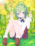  1girl androgynous antennae bangs black_cape black_shorts blush brown_footwear cape closed_mouth collared_shirt commentary_request double_v flower full_body green_eyes green_hair kari_(atsuki_565) long_sleeves looking_at_viewer red_cape shirt shoes short_hair shorts sitting smile socks solo touhou two-sided_cape two-sided_fabric v white_legwear white_shirt wriggle_nightbug yellow_flower 