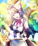  1girl :d absurdres animal_ear_fluff animal_ears bangs black_dress blonde_hair blurry blurry_background bow bowtie character_request cowboy_shot dress eyebrows_visible_through_hair hair_between_eyes hair_ornament highres holding holding_tray looking_at_viewer maid maid_headdress off_shoulder pink_bow pink_bowtie shiny shiny_hair short_hair smile solo standing teeth tray upper_teeth violet_eyes virtual_youtuber white_dress x_hair_ornament yuugi_roki 