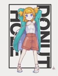  1girl aqua_jacket armpits arms_behind_head black_choker blonde_hair blouse blue_eyes breasts brown_shorts buttons choker collarbone donut_hole_(vocaloid) earphones earphones hair_ornament hairclip jacket kagamine_rin listening_to_music official_alternate_costume pigeon-toed shirt short_twintails shorts skinny small_breasts solo song_name spaghetti_strap swept_bangs twintails vocaloid vorusan_(volver39) when_you_see_it white_footwear white_shirt 
