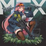  1girl assault_rifle binoculars black_legwear blue_jacket breasts commission drone eyewear_on_head girls_frontline gun highres holding holding_binoculars holding_gun holding_weapon jacket kneeling large_breasts long_hair long_sleeves magazine_(weapon) mole mole_under_eye open_clothes open_jacket orange_goggles persocon93 pink_hair red_eyes rifle safety_glasses scope sig_mcx_(girls&#039;_frontline) sig_sauer sig_sauer_mcx solo thigh-highs thigh_strap weapon 