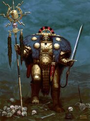  1boy aquila_(symbol) armor bone dagger dual_wielding fur_trim helmet highres holding holding_staff houndhammer knife mask pelt pile_of_skulls plume power_armor pteruges roman_numeral sky solo staff sword thunder_warriors warhammer_40k weapon 