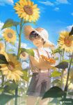  1boy black_hair blue_sky chinese_commentary clouds cloudy_sky commentary_request crossed_arms day feet_out_of_frame flower food hat highres holding holding_food lan-ge-zi leaf male_focus open_mouth original outdoors shirt short_hair short_sleeves shorts sky smile solo standing straw_hat sun_hat sunflower suspenders violet_eyes white_shirt 