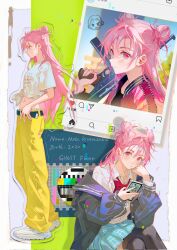  1girl aqua_skirt black_jacket black_shirt black_thighhighs bow cellphone crossed_legs double_bun full_body ghost_fixers gun hair_bun hand_on_own_cheek hand_on_own_face highres holding holding_gun holding_phone holding_weapon jacket kirarazaka_moka long_hair long_sleeves looking_at_viewer looking_to_the_side machine_gun midriff multiple_views navel pants phone pink_eyes pink_hair pink_jacket pleated_skirt profile red_bow school_uniform shirt shoes short_sleeves sitting skirt smartphone sneakers solo standing thigh-highs tidsean tied_shirt weapon white_footwear white_shirt yellow_pants 
