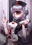  1girl apron arm_piercing bangs blood blood_on_clothes blunt_bangs blush braid braided_bun clipboard collared_shirt cyclops double_bun dress ear_piercing earrings eyebrows_visible_through_hair finger_piercing grey_hair hat highres holding holding_clipboard holding_syringe holster jewelry knee_up long_hair looking_to_the_side mntimccz monster_girl multiple_earrings nurse nurse_cap one-eyed original parted_lips piercing pleated_dress red_eyes scalpel scissors shirt short_dress short_sleeves skindentation solo syringe thigh-highs thigh_holster very_long_hair 