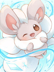  ;d animal_focus appyon_(archangel_ayp) blush brown_eyes cinccino crystal fluffy full_body highres looking_at_viewer no_humans one_eye_closed open_mouth pokemon pokemon_(creature) smile solo 