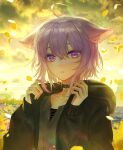  1girl ahoge animal_ears cat_ears cat_girl collar collarbone hair_between_eyes handot_(d_yot_) highres hololive hood hood_down hoodie long_sleeves looking_at_viewer nekomata_okayu outdoors petals short_hair solo upper_body virtual_youtuber 