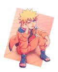  1boy absurdres blonde_hair blue_eyes blue_footwear eyebrows_visible_through_hair facial_mark forehead_protector highres jewelry jumpsuit justnetd long_sleeves looking_at_viewer male_focus naruto naruto_(series) necklace ninja on_floor one_eye_closed orange_jumpsuit sandals short_hair simple_background sitting solo spiky_hair symbol-only_commentary toes tongue tongue_out uzumaki_naruto whisker_markings wooden_floor 