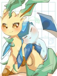  blue_hair brown_eyes closed_eyes glaceon hp7car7nxrq5s7q ice leaf leafeon long_hair pokemon pokemon_(creature) sidelocks sitting smile tongue tongue_out 