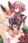  1girl absurdres bangs black_gloves breasts chest_jewel crossover earrings fingerless_gloves flareon gloves highres jewelry juneplums large_breasts pokemon pokemon_(creature) pyra_(xenoblade) red_eyes red_legwear red_shorts redhead short_hair short_shorts shorts swept_bangs thigh-highs tiara xenoblade_chronicles_(series) xenoblade_chronicles_2 
