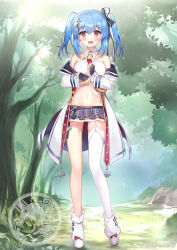  1_girl :d alternate_costume bare_shoulders black_gloves blue_hair blue_skirt blush boots bow breasts coat crop_top day fingerless_gloves full_body gloves hair_bow hair_ornament highres holding jacket large_breasts long_hair long_sleeves looking_at_viewer midriff miniskirt mt_yy navel off_shoulder open_clothes open_coat open_mouth outdoors plaid_clothes plaid_skirt pleated_skirt prinz_eugen_(warship_girls_r) red_eyes shirt sidelocks single_thighhigh skirt sleeveless sleeveless_shirt smile solo standing thigh-highs tree twintails warship_girls_r watermark weibo_logo weibo_watermark white_coat white_footwear white_jacket white_shirt white_thighhighs 