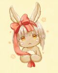  1other :3 absurdres animal_ears bob_cut bow brown_fur brown_hair commentary cropped_torso eyebrows_visible_through_hair floral_background furry hair_bow hair_ribbon heart highres holding holding_ribbon horizontal_pupils inverted_bob looking_at_viewer made_in_abyss medium_hair nanachi_(made_in_abyss) nina_(maurururoa) other_focus own_hands_together parted_lips red_bow red_ribbon ribbon symbol-only_commentary upper_body whiskers yellow_background 