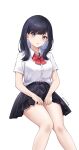  1girl absurdres bangs bare_legs black_hair black_skirt blue_eyes blush bow bowtie collared_shirt colored_inner_hair dated dress_shirt eyebrows_visible_through_hair feet_out_of_frame grey_hair gridman_universe highres invisible_chair long_hair looking_at_viewer miniskirt multicolored_hair parted_lips pleated_skirt red_bow red_bowtie school_uniform shirt short_sleeves simple_background sitting skirt solo ssss.gridman sukaliya takarada_rikka thighs white_background white_shirt 