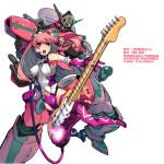  1girl bangs boots breasts copyright_name cover cover_image cover_page covered_nipples elbow_gloves extra_eyes floating_hair gloves glowing glowing_eyes green_eyes guitar high_heel_boots high_heels holding holding_instrument ichimonji_kei instrument long_hair looking_ahead macross macross_delta macross_e manga_cover mecha medium_breasts navel official_art open_hands pink_hair pirika_polywanov purple_footwear purple_gloves science_fiction thigh-highs thigh_boots variable_fighter vf-171ex white_background 