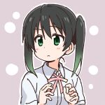  1girl :&lt; bangs black_hair blush_stickers bow closed_mouth collared_shirt dress_shirt eyebrows_visible_through_hair gradient_hair green_eyes green_hair grey_background hair_between_eyes hands_up looking_at_viewer love_live! love_live!_nijigasaki_high_school_idol_club multicolored_hair nekotoufu outline pink_bow shirt short_sleeves solo takasaki_yuu twintails upper_body white_outline white_shirt 