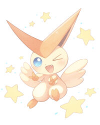  1other :d appyon_(archangel_ayp) blue_eyes commentary_request double_v fangs full_body furry looking_at_viewer one_eye_closed open_mouth other_focus pokemon pokemon_(creature) simple_background smile star_(symbol) v victini white_background wings 