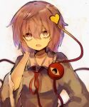  1girl bags_under_eyes black_eyes blouse blue_shirt commentary d: eyebrows_behind_hair hair_between_eyes hair_ornament hand_up heart heart_hair_ornament komeiji_satori kujikimi looking_at_viewer messy_hair open_mouth purple_hair shirt simple_background solo sweatdrop third_eye touhou upper_body violet_eyes white_background 