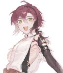  1boy ahoge brown_hair genshin_impact green_eyes highres japanese_clothes long_hair looking_at_viewer low_ponytail male_focus mole mole_under_eye mtn multicolored_hair open_mouth redhead shikanoin_heizou sleeveless smile two-tone_hair 