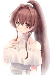  1girl brown_eyes brown_hair commentary_request dress hair_intakes hand_on_own_chest kantai_collection kitagawa_mikio long_hair off-shoulder_dress off_shoulder ponytail sidelocks simple_background smile solo upper_body white_background white_dress yamato_(anniversary)_(kancolle) yamato_(kancolle) 