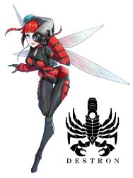1girl arthropod_girl black_bodysuit black_hair blue_eyes bodysuit camera camera_mosquito commentary cyborg eidenjyou1997 english_commentary genderswap genderswap_(mtf) highres insect_wings kaijin kamen_rider kamen_rider_v3_(series) logo monster_girl mosquito_girl multicolored_hair open_mouth redhead simple_background smile solo standing standing_on_one_leg teeth upper_teeth_only white_background wings