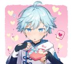  1boy bangs blue_eyes blue_hair box box_of_chocolates chinese_clothes chongyun_(genshin_impact) commentary_request eyebrows_visible_through_hair fingerless_gloves genshin_impact gift gift_box giving gloves hair_between_eyes happy_valentine heart heart-shaped_box holding holding_box holding_gift incoming_gift konmamion looking_at_viewer male_focus open_mouth ribbon short_hair simple_background solo sweat valentine 