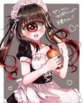  1girl :d apron azen_(mntimcczgrtn) bangs black_hair blush collarbone cyclops emphasis_lines eyebrows_visible_through_hair food gradient_hair heart heart-shaped_pupils highres holding holding_food long_hair looking_at_viewer maid maid_headdress monster_girl multicolored_hair nail_polish one-eyed original puffy_short_sleeves puffy_sleeves red_eyes redhead short_sleeves smile solo symbol-shaped_pupils twintails underbust waist_apron yan_yan 