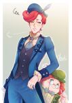  2boys =3 absurdres ace_attorney applebeniakari blue_eyes blue_headwear bow bowtie fabien_de_rousseau formal glasses green_eyes green_headwear hat_feather height_difference highres index_finger_raised multiple_boys peppino_de_rossi redhead sigh suit the_great_ace_attorney the_great_ace_attorney_2:_resolve tsuki_(xxsn3288) 