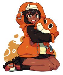  1girl alternate_color alternate_eye_color alternate_hair_color alternate_skin_color androgyne_symbol black_eyes black_hair boots bridget_(guilty_gear) character_doll commentary dark-skinned_male dark_skin darwin_watterson female_focus guilty_gear guilty_gear_strive habit highres hood hood_up hooded_jacket hug inktaru jacket microskirt official_alternate_skin_color open_mouth pleated_skirt redrawn seiza shorts signature sitting skirt smile solo the_amazing_world_of_gumball very_dark_skin 