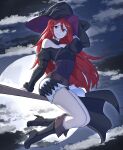  1girl absurdres alternate_costume bare_shoulders black_footwear black_headwear boots breasts broom broom_riding clouds cloudy_sky commission cordelia_(fire_emblem) fire_emblem fire_emblem_awakening fire_emblem_fates full_moon grimmelsdathird grin hair_between_eyes hat high_heel_boots high_heels highres legs legs_together long_hair long_sleeves looking_at_viewer moon night night_sky outdoors red_eyes redhead skirt sky smile solo star_(sky) starry_sky thighs very_long_hair white_skirt witch witch_hat 