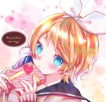  1girl bangs blonde_hair blush box collarbone dated eyebrows_behind_hair hair_ornament hair_ribbon hairclip happy_valentine highres hinagi_ito holding holding_box kagamine_rin looking_at_viewer open_mouth portrait ribbon sailor_collar short_hair solo vocaloid white_ribbon 