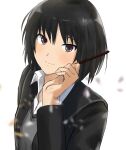  1girl amagami bangs black_cardigan black_hair black_sailor_collar blurry blurry_foreground brown_eyes candy cardigan commentary dress_shirt food grey_sweater_vest highres holding holding_candy holding_food kibito_high_school_uniform light_blush light_smile looking_at_viewer nanasaki_ai pocky sailor_collar school_uniform shirt short_hair simple_background smile solo sweater_vest upper_body white_background white_shirt yoo_tenchi 