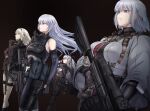 4girls ak-12 ak-12_(girls&#039;_frontline) ak-15 ak-15_(girls&#039;_frontline) ammunition_belt an-94 an-94_(girls&#039;_frontline) aqua_eyes assault_rifle bangs black_background black_cape black_gloves black_pants blonde_hair bodysuit braid breasts cape closed_eyes closed_mouth commentary defy_(girls&#039;_frontline) eyebrows_visible_through_hair feet_out_of_frame girls_frontline gloves grey_hair gun hair_ornament hairclip hand_in_own_hair highres holding holding_gun holding_weapon jacket kalashnikov_rifle large_breasts long_hair looking_away machine_gun mask mask_around_neck medium_breasts megane_jigoku multiple_girls navel pants rifle rpk-16 rpk-16_(girls&#039;_frontline) short_hair shorts standing tactical_clothes violet_eyes weapon white_jacket white_shorts 