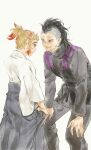  2boys black_hair black_jacket black_pants blonde_hair closed_mouth clothes_grab colored_tips demon_slayer_uniform eye_contact feet_out_of_frame grey_hakama hakama height_difference highres hunched_over jacket japanese_clothes kimetsu_no_yaiba long_hair long_sleeves looking_at_another mak_(kainemaru) male_focus mohawk multicolored_hair multiple_boys pants parted_lips profile red_eyes redhead rengoku_senjurou scar scar_on_face scar_on_nose shinazugawa_genya shy sidelocks simple_background smile standing streaked_hair vest 