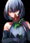  1girl absurdres bangs bare_shoulders black_background black_dress black_eyes black_gloves black_hair blurry blurry_foreground bob_cut commentary depth_of_field dress elbow_gloves eyebrows_visible_through_hair flower flower_to_mouth gloves hair_over_eyes halterneck highres holding holding_flower leaf long_bangs looking_at_viewer monogatari_(series) oshino_ougi red_flower red_pupils short_hair simple_background smelling solo t33h8703 upper_body 