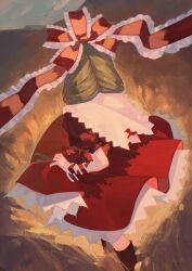  1girl absurdres arm_ribbon back cindy717 dress frilled_dress frilled_ribbon frills green_hair highres kagiyama_hina red_dress red_ribbon ribbon solo touhou 