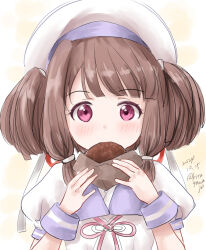  1girl blue_sailor_collar bread brown_hair eating food gloves hat kantai_collection kitagawa_mikio kurahashi_(kancolle) looking_at_viewer one-hour_drawing_challenge sailor_collar sailor_hat school_uniform serafuku simple_background solo twintails violet_eyes white_background white_gloves white_hat 