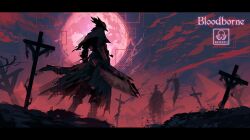  2boys absurdres artist_logo artist_name bloodborne boots burial_blade capelet cloak coat copyright_name full_moon gehrman_the_first_hunter grave graveyard hat highres holding holding_scythe holding_weapon hunter_(bloodborne) mask maskoo185826 moon mouth_mask multiple_boys red_moon red_theme saw saw_cleaver scythe standing top_hat tricorne weapon 