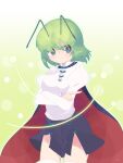  1girl antennae arms_under_breasts bangs black_cape black_shorts blush breasts cape closed_mouth collared_shirt commentary_request cowboy_shot green_eyes green_hair hair_between_eyes juliet_sleeves kari_(atsuki_565) long_sleeves looking_at_viewer medium_breasts puffy_sleeves red_cape shirt short_hair shorts smile solo touhou two-sided_cape two-sided_fabric white_shirt wriggle_nightbug 