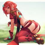  1girl a_(user_vtsy8742) bangs black_gloves breasts earrings gem gloves headpiece highres jewelry large_breasts pyra_(xenoblade) red_eyes red_legwear red_shorts redhead short_hair short_shorts shorts solo swept_bangs thigh-highs tiara xenoblade_chronicles_(series) xenoblade_chronicles_2 